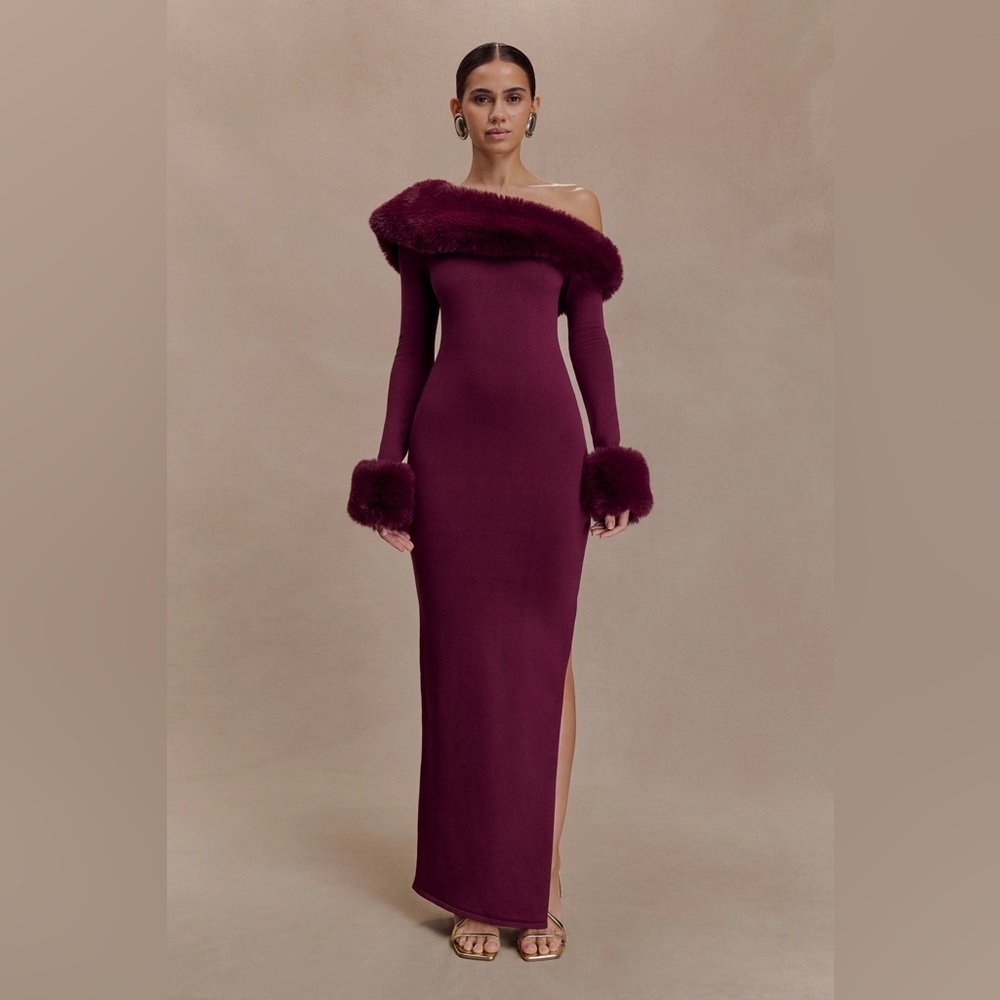 Meshki Karleigh Faux Fur Knit Maxi Dress - Plum